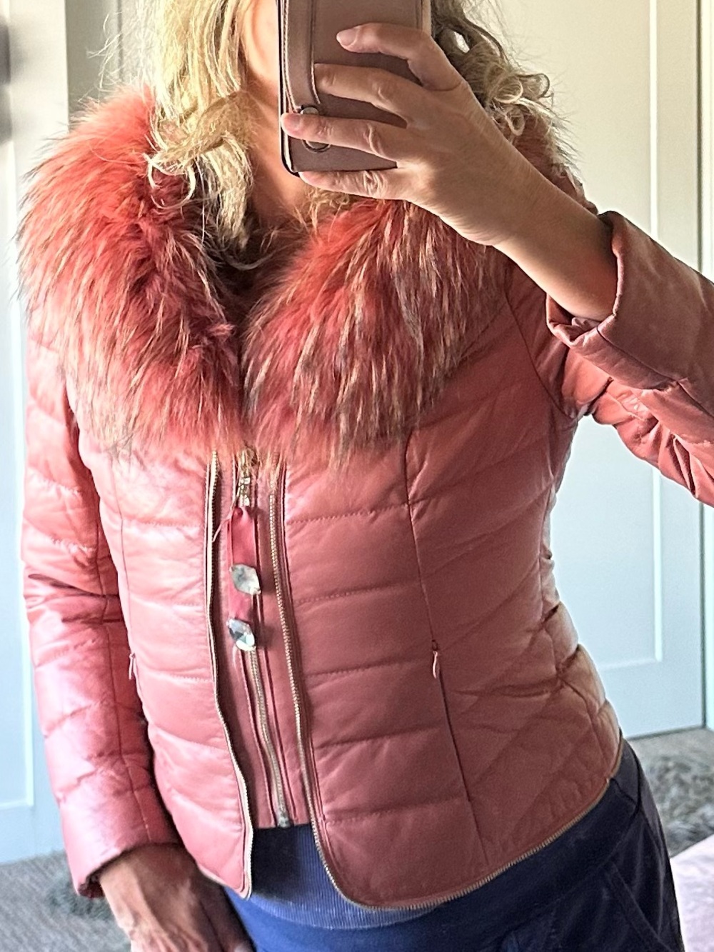 Luxury Y2K Sheepskin Leather Duck Down Jacket with Plush Raccoon Fur Collar Pink